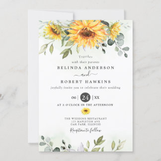 Invitación Elegante acuarela Sunflowers Eucalyptus Boda