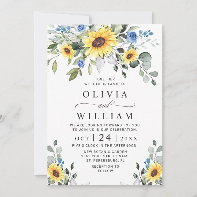 Invitación Elegante acuarela Sunflowers Eucalyptus Boda (Anverso)