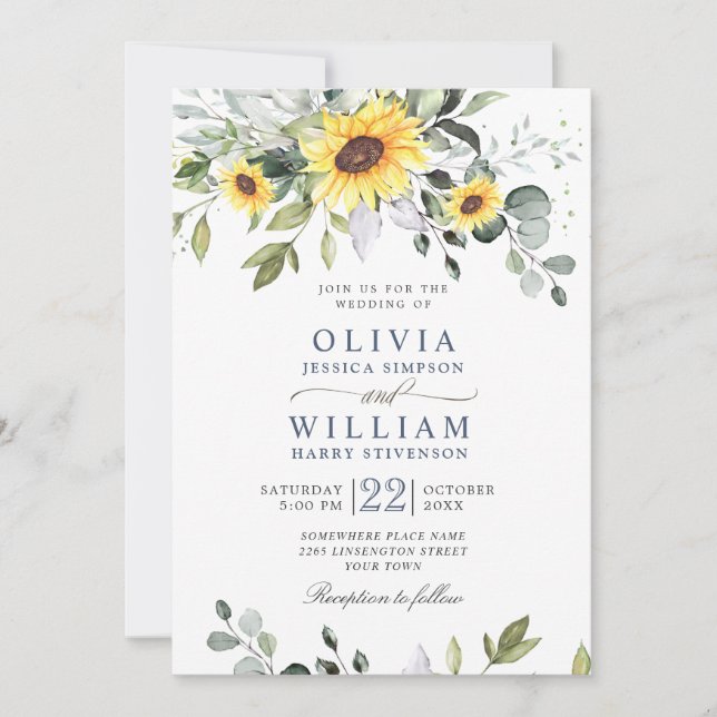 Invitación Elegante acuarela Sunflowers Eucalyptus Boda (Anverso)