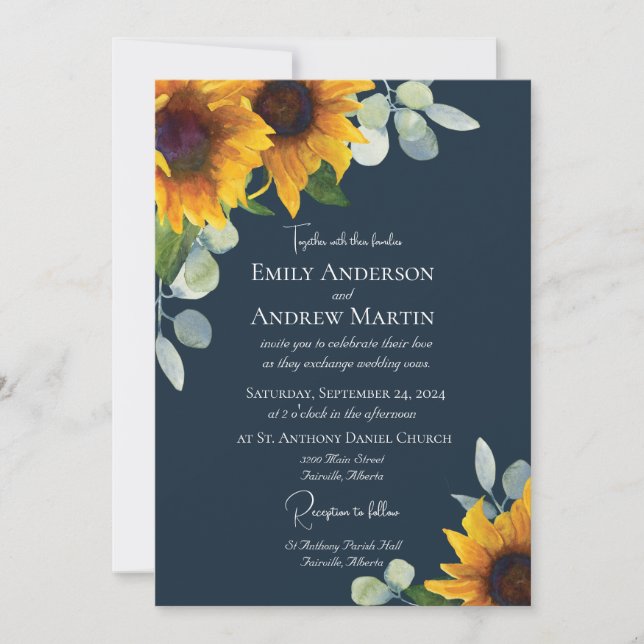 Invitación Elegante acuarela Sunflowers Navy Boda Azul (Anverso)