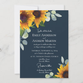 Invitación Elegante acuarela Sunflowers Navy Boda Azul