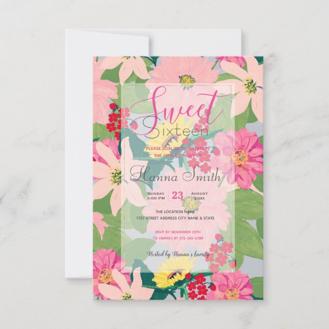 Invitación Elegante acuarela Sunflowers Rubor Gris Floral (Anverso)
