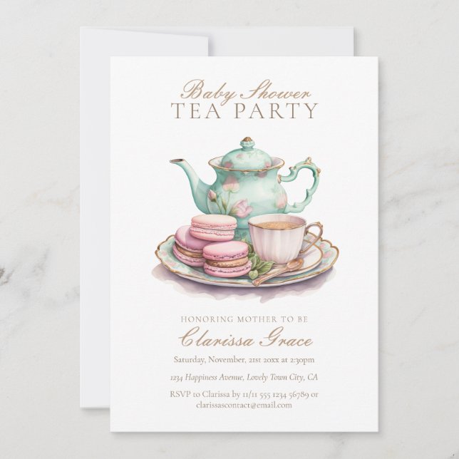 Invitación Elegante acuarela Tea Fiesta Baby Shower (Anverso)