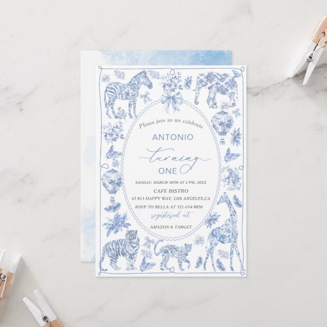 Invitación Elegante acuarela Toile Safari Chinoiserie anima (Anverso/Reverso In Situ)