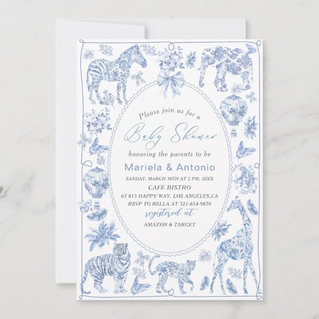 Invitación Elegante acuarela Toile Safari Chinoiserie Baby S (Anverso)