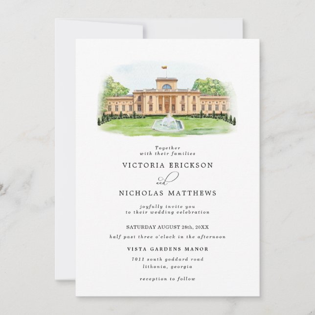 Invitación Elegante acuarela Trakë Vokė Manor Boda (Anverso)