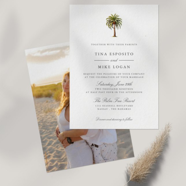 Invitación Elegante acuarela tropical palmera Foto exótica (Tropical Exotic Watercolor Palm tree wedding invitation with space for your best photo on the back)