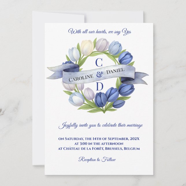 Invitación Elegante acuarela Tulip Wreath Boda Marfil Azul (Anverso)