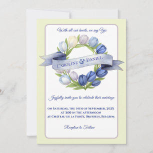 Invitación Elegante acuarela Tulip Wreath Boda Marfil Azul