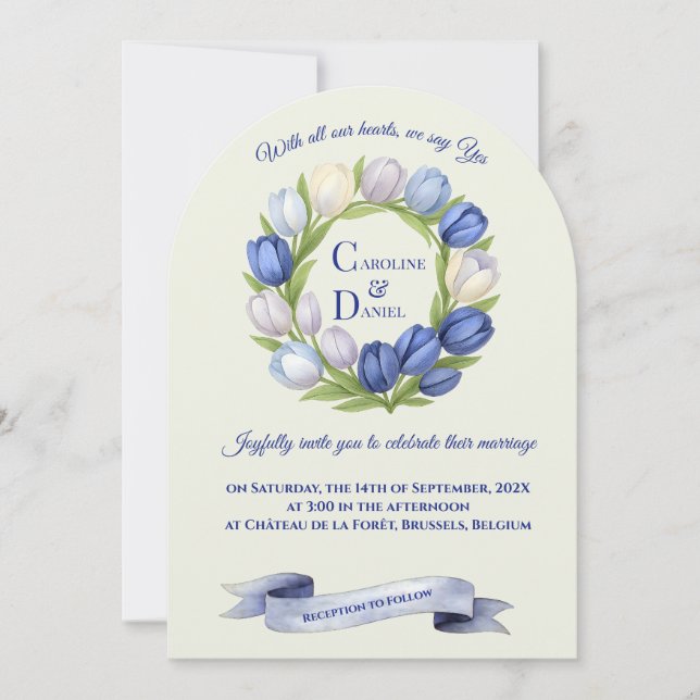 Invitación Elegante acuarela Tulip Wreath Boda Marfil Azul (Anverso)