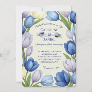 Invitación Elegante acuarela Tulip Wreath Boda Marfil Azul