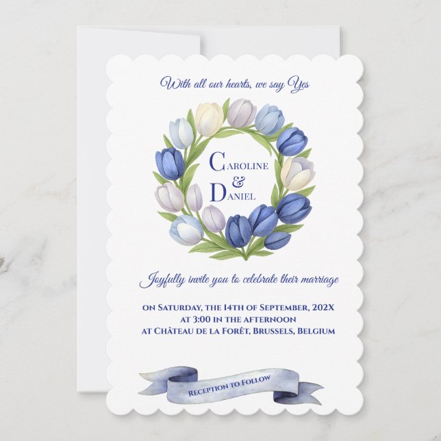 Invitación Elegante acuarela Tulip Wreath Boda Marfil Azul (Anverso)