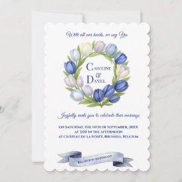 Invitación Elegante acuarela Tulip Wreath Boda Marfil Azul