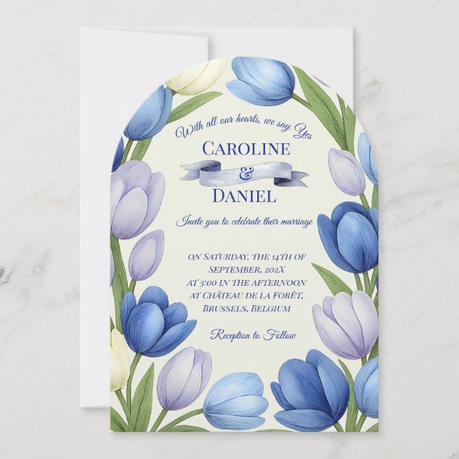 Invitación Elegante acuarela Tulip Wreath Boda Marfil Azul (Anverso)