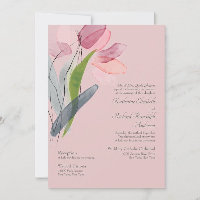 Invitación Elegante acuarela Tulips Boda Rubor (Anverso)