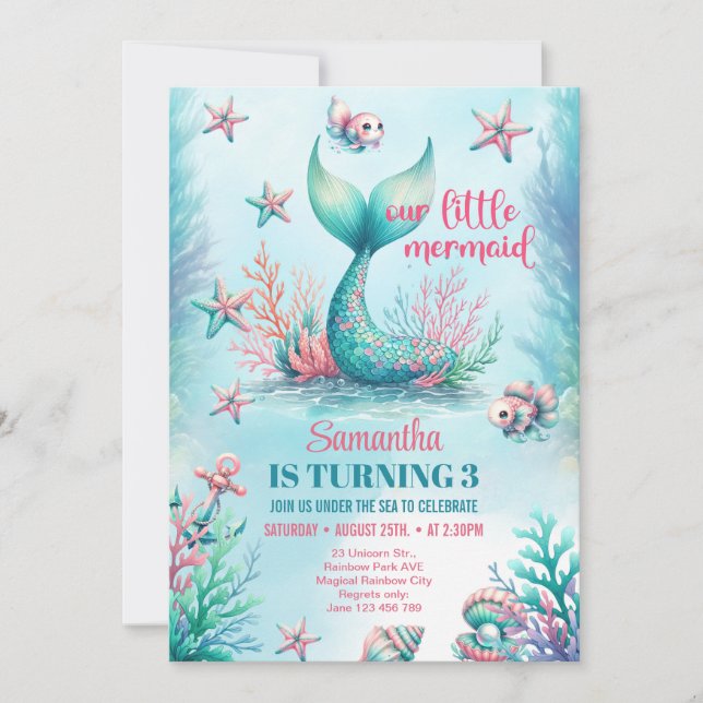 Invitación Elegante acuarela turquesa cola de sirena cumpleañ (Anverso)