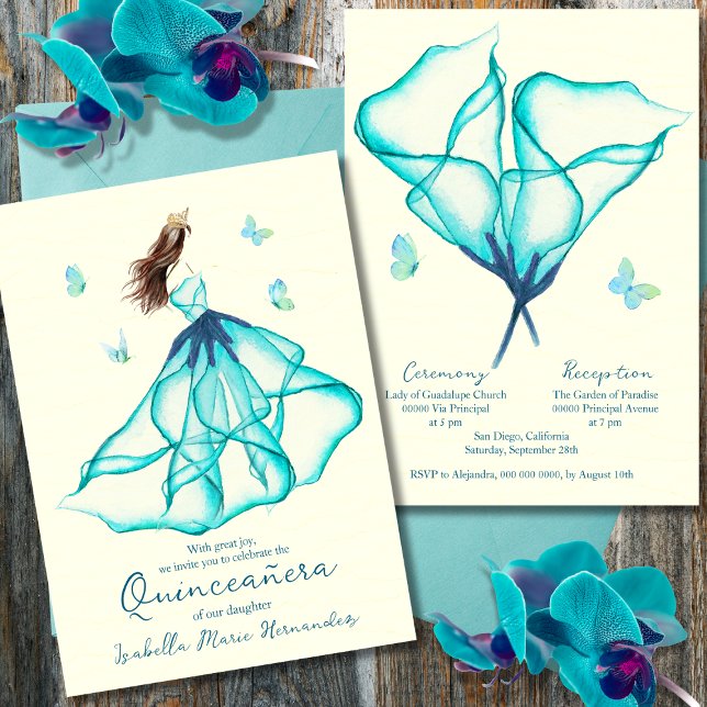 Invitación Elegante acuarela Turquesa Floral Quinceañera (Subido por el creador)