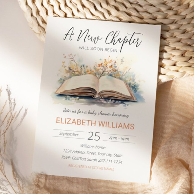 Invitación Elegante acuarela Un nuevo capítulo de Baby Shower (A new chapter baby shower invitation)