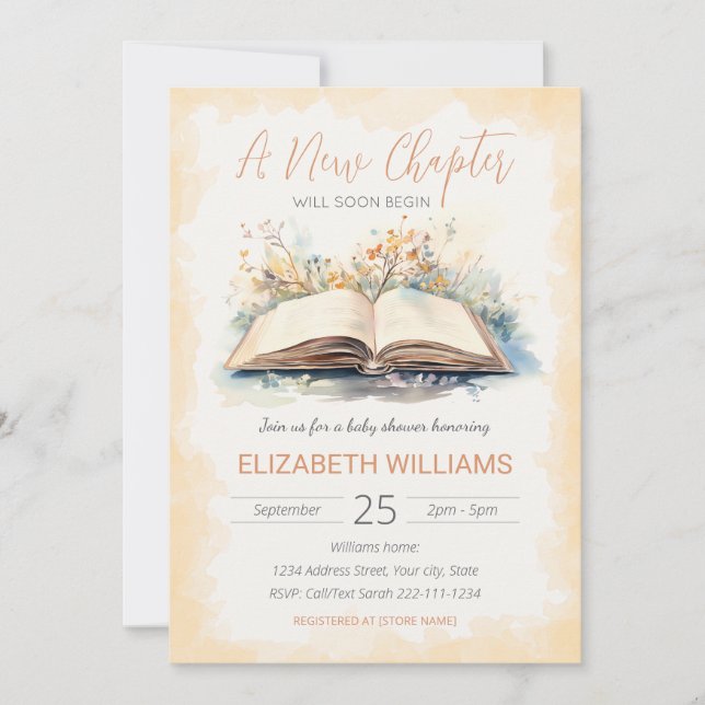 Invitación Elegante acuarela Un nuevo capítulo de Baby Shower (Anverso)