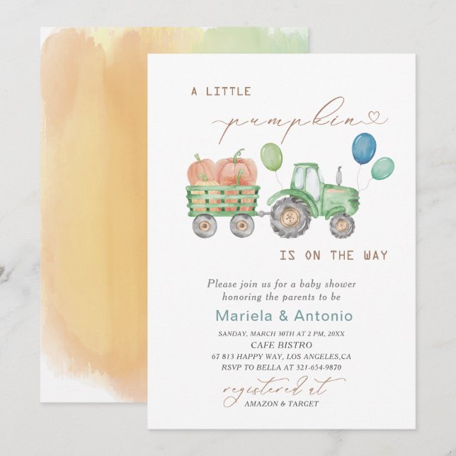Invitación Elegante acuarela Un pequeño Baby Shower de calaba (Anverso / Reverso)