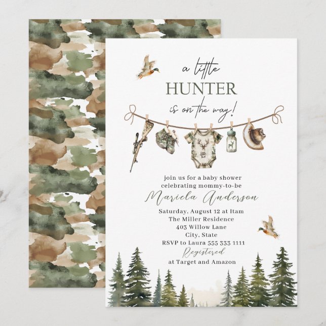 Invitación Elegante acuarela Un poco de Baby Shower Hunter (Anverso / Reverso)