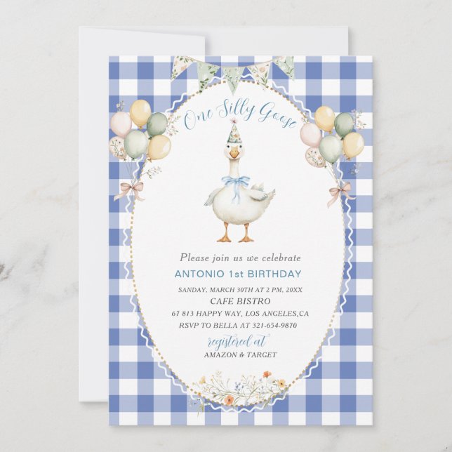 Invitación Elegante acuarela Una tonta gansa de primer cumple (Anverso)