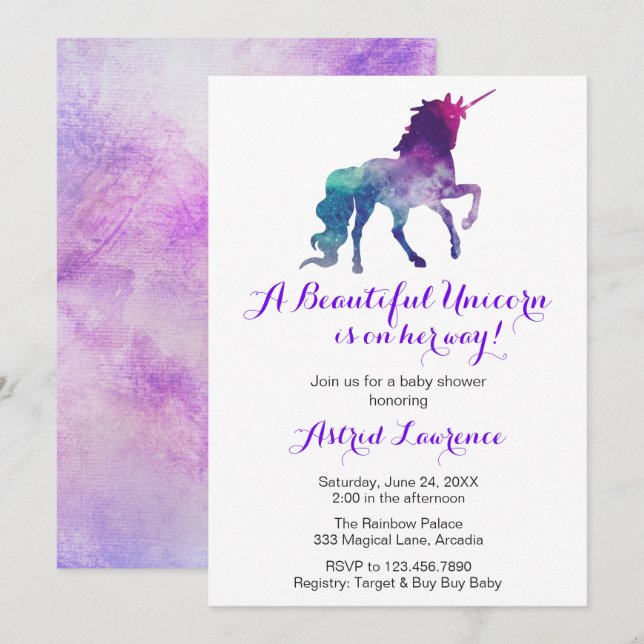 Invitación Elegante acuarela Unicornio Baby Shower moderno (Anverso / Reverso)