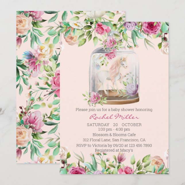 Invitación Elegante acuarela Unicornio Moda Floral Baby Showe (Anverso / Reverso)