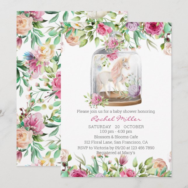 Invitación Elegante acuarela Unicornio Moda Floral Baby Showe (Anverso / Reverso)