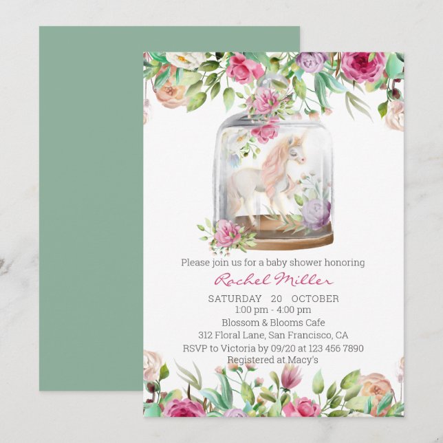 Invitación Elegante acuarela Unicornio Moda Floral Baby Showe (Anverso / Reverso)