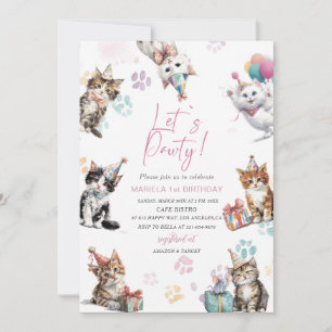 Invitación Elegante acuarela uno 1er cumpleaños gatito gato b