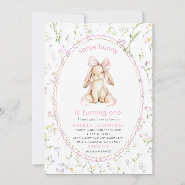Invitación Elegante acuarela uno cumpleaños 1er some bunny Gi (Anverso)