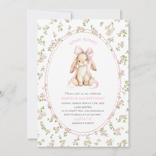 Invitación Elegante acuarela uno cumpleaños 2 algún conejito  (Anverso)