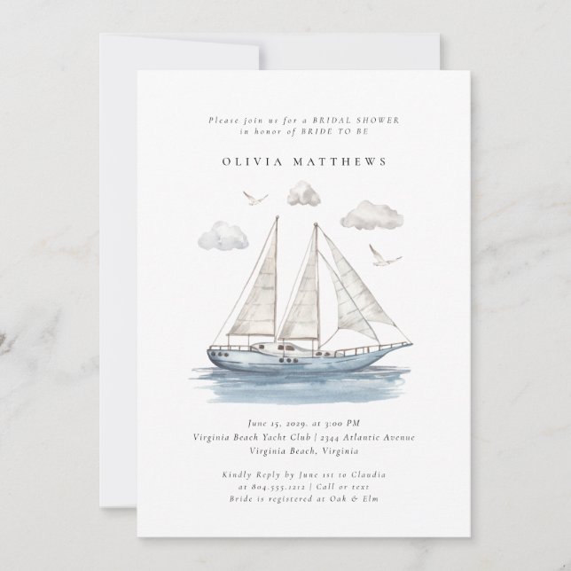 Invitación Elegante acuarela Vela Yacht Bridal Shower (Anverso)