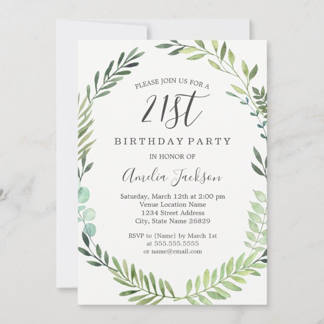 Invitación Elegante acuarela verde 21º cumpleaños (Anverso)