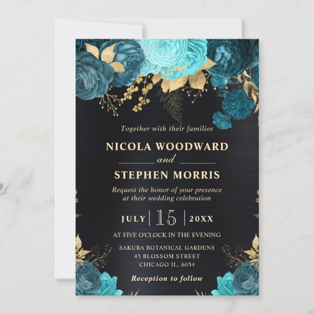 Invitación Elegante acuarela Verde azulada y Boda de flores d (Anverso)