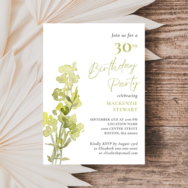 Invitación Elegante acuarela verde botánica 30 cumpleaños (Subido por el creador)
