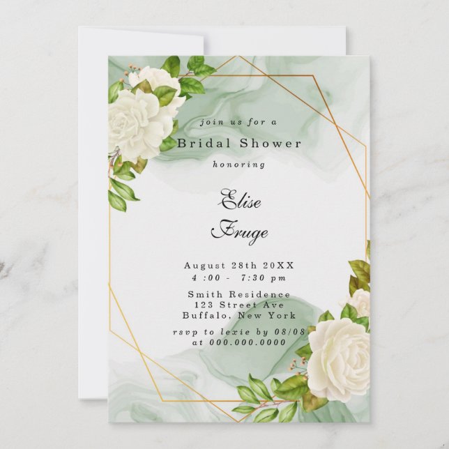 Invitación Elegante acuarela verde color de rosa blanco ducha (Anverso)