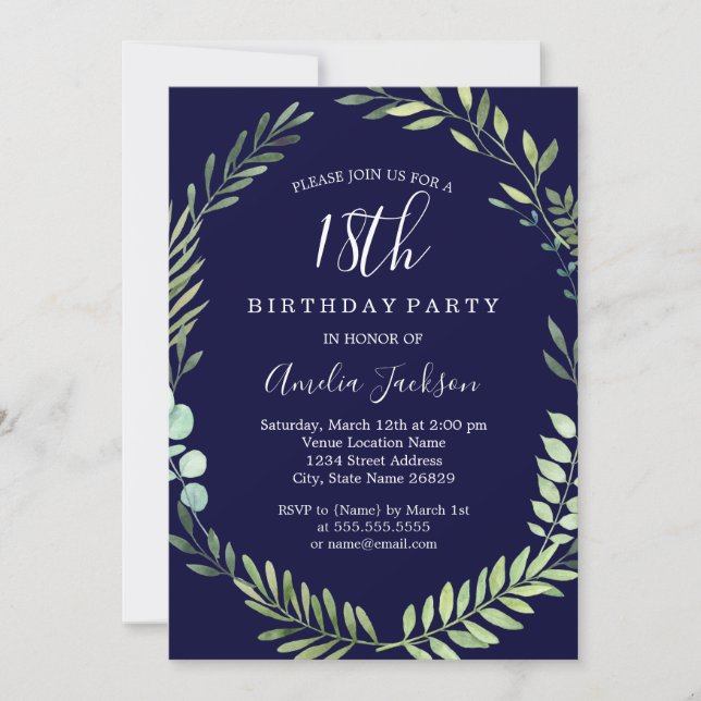Invitación Elegante acuarela verde de la Marina 18 cumpleaños (Anverso)