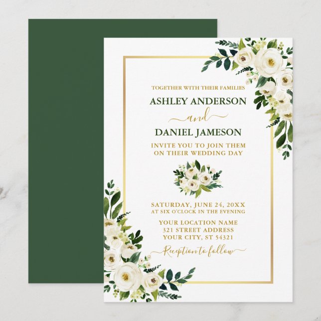 Invitación Elegante acuarela Verde Floral blanca Boda dorada (Anverso / Reverso)