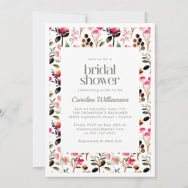 Invitación Elegante acuarela verde rosa ducha de novia (Anverso)