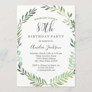 Invitación Elegante acuarela verde Wreath cumpleaños 80