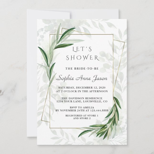 Invitación Elegante acuarela Verdor Dorado Ducha Nodal (Anverso)