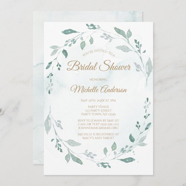 Invitación Elegante acuarela Verdor Leaf Bridal Ducha (Anverso / Reverso)