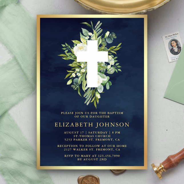 Invitación Elegante acuarela Verdor Navy Bautismo de Oro Azul (Subido por el creador)