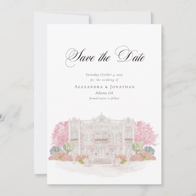 Invitación Elegante acuarela Villa Wedding Salva la fecha (Anverso)