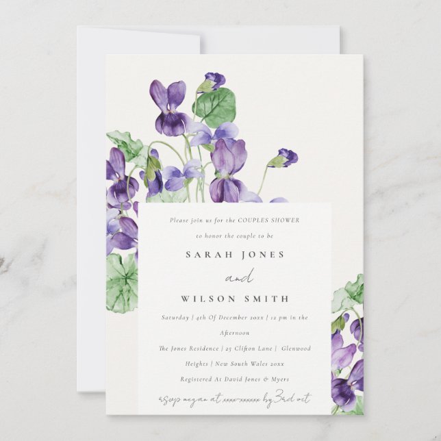 Invitación Elegante acuarela Violeta Ducha Parejas Florales (Anverso)