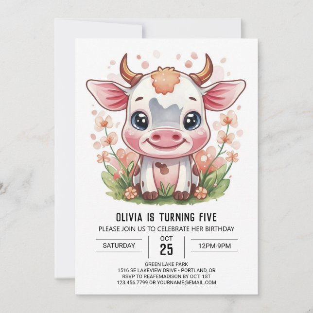 Invitación Elegante acuarela Whimsical Cow Cumpleaños (Anverso)