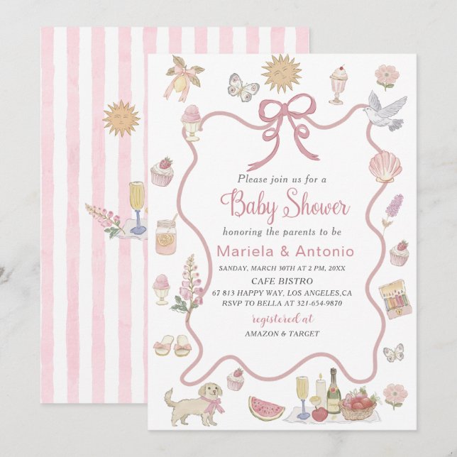 Invitación Elegante acuarela Whimsical Summer Doodles Baby (Anverso / Reverso)