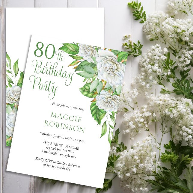 Invitación Elegante acuarela White Roses 80 cumpleaños (Elegant Watercolor White Roses and Greenery 80th Birthday Party Invitation - Print | Download)